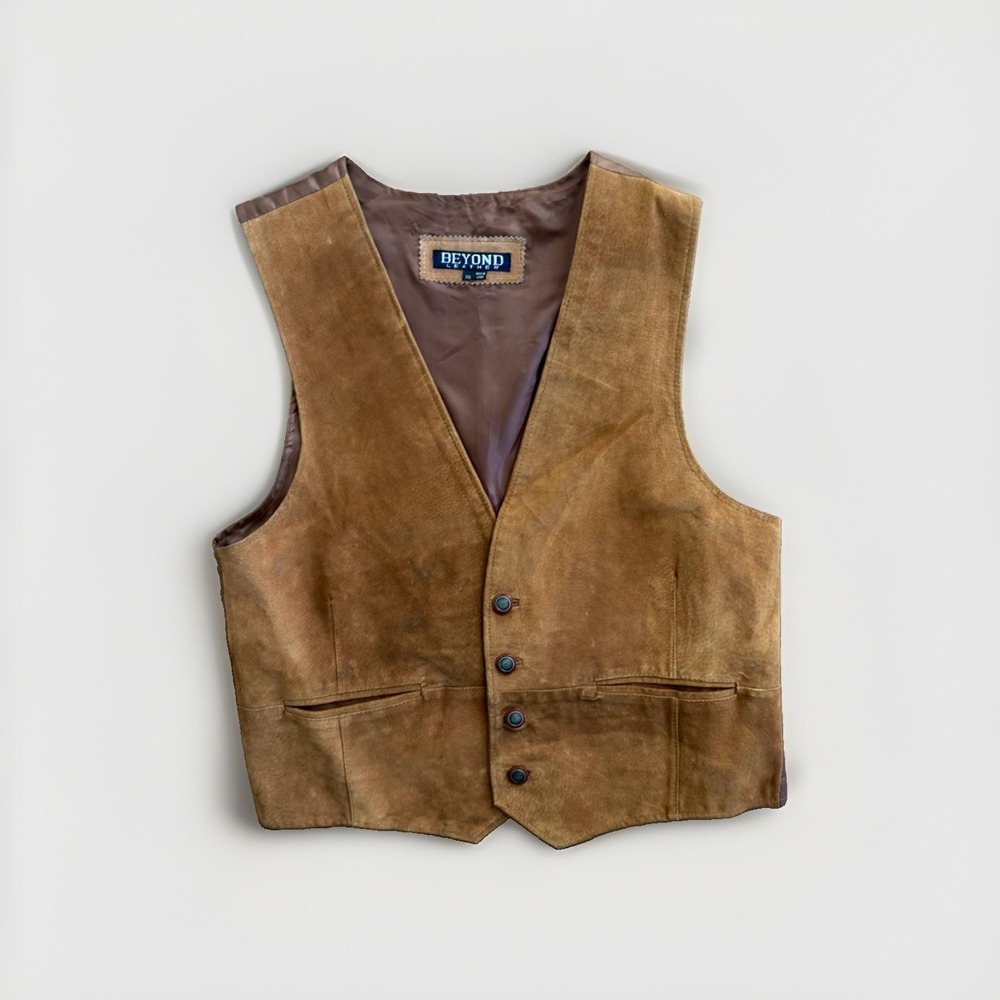 Beyond Leather Men's XXL Brown Suede Leather Western Vest Lined 4 Button